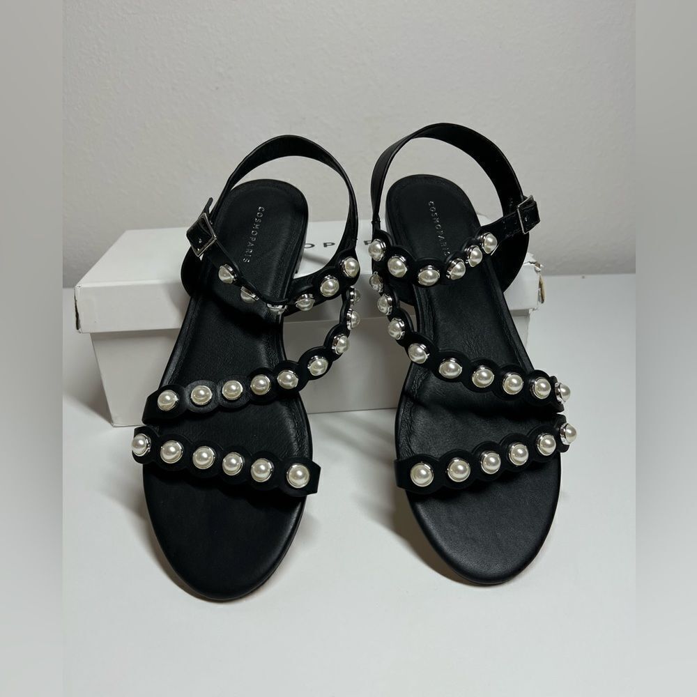 NWT CosmoParis Pearly Leather Slingback Flat Black Sandals Size 10US/ 41EU